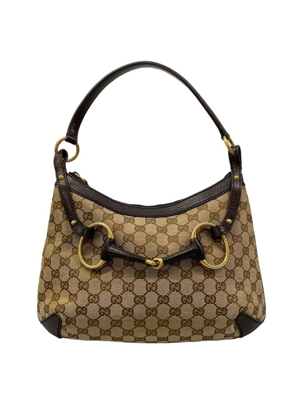 Gucci Shoulder Bag Horsebit GG Pattern Beige Dark Brown Leather